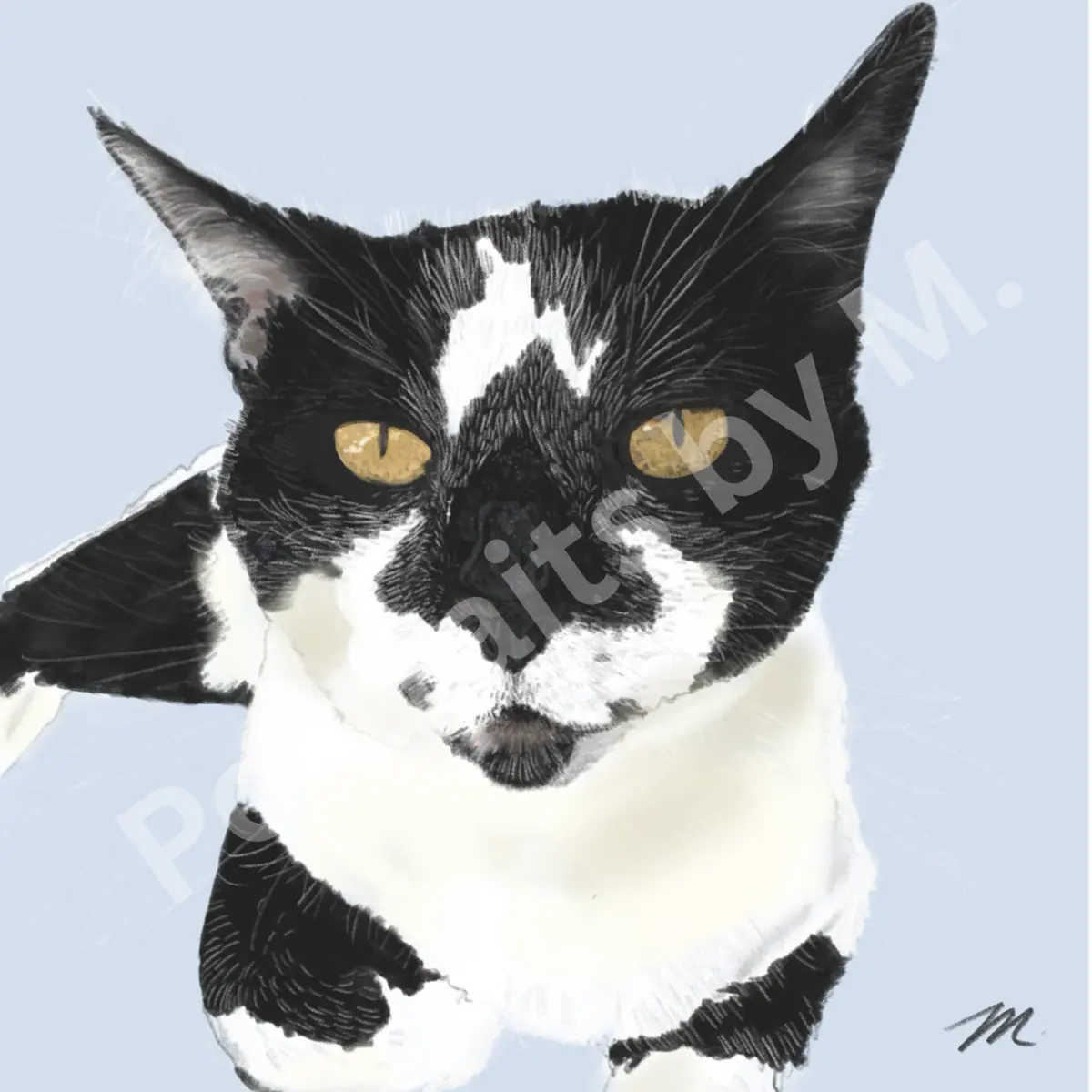 Illustrated portrait of a cat sitting gracefully on warm cream paper.